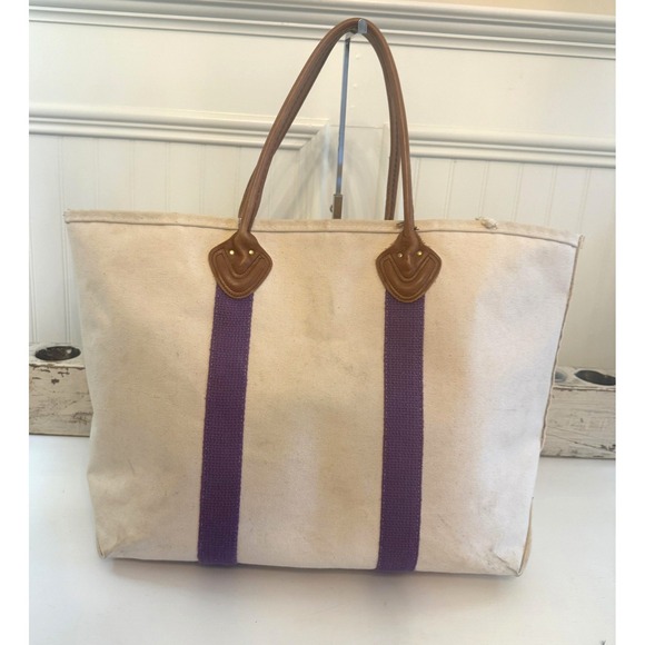 Vintage 80's LL Bean Factory Store Boat & Tote Leather Handle Bag Striped Purple - Picture 2 of 13